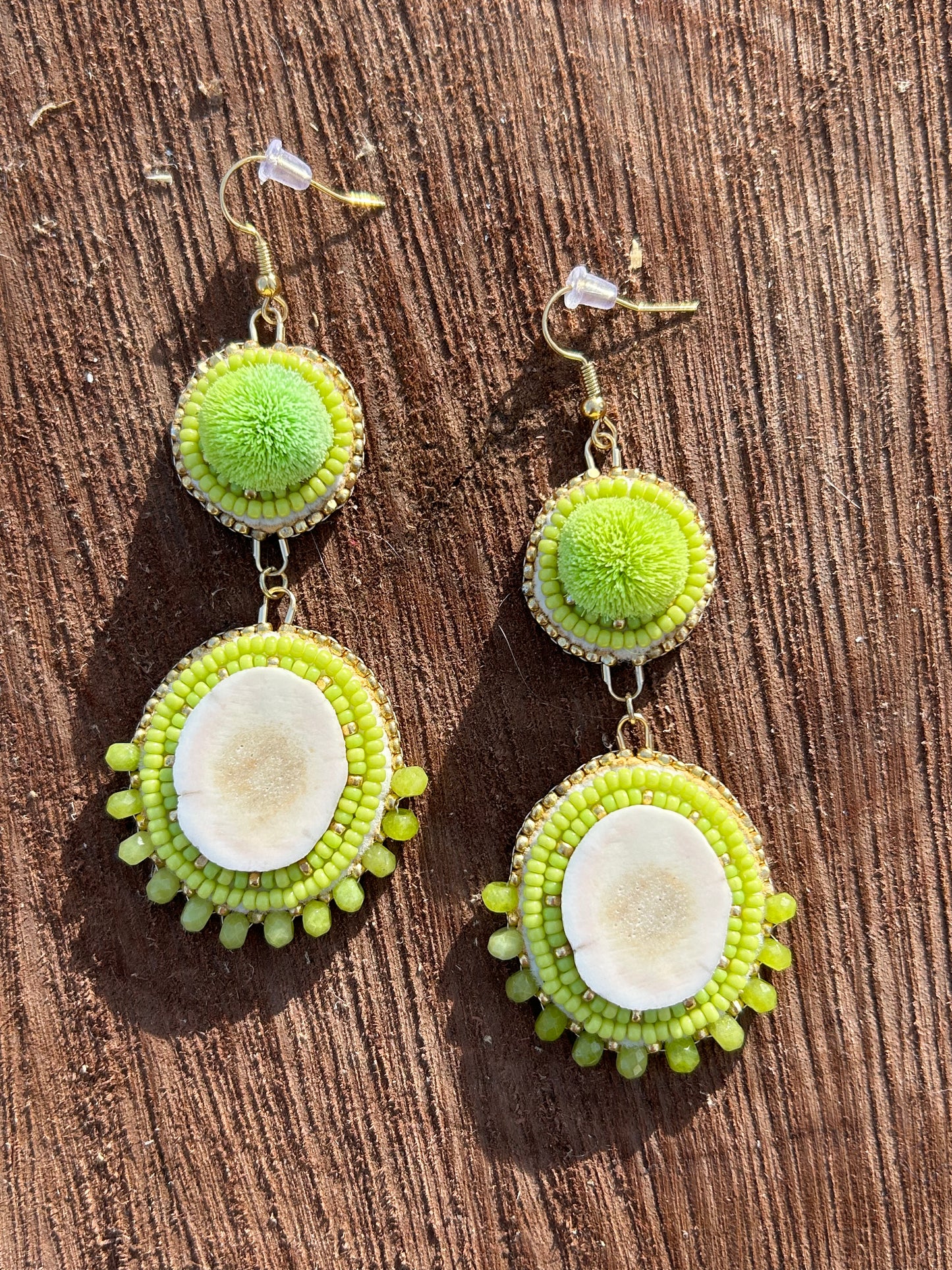 Lime green antler and caribou fur earrings
